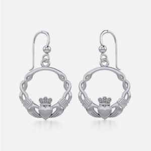 Celtic Knotwork Claddagh Silver Dangle Earrings